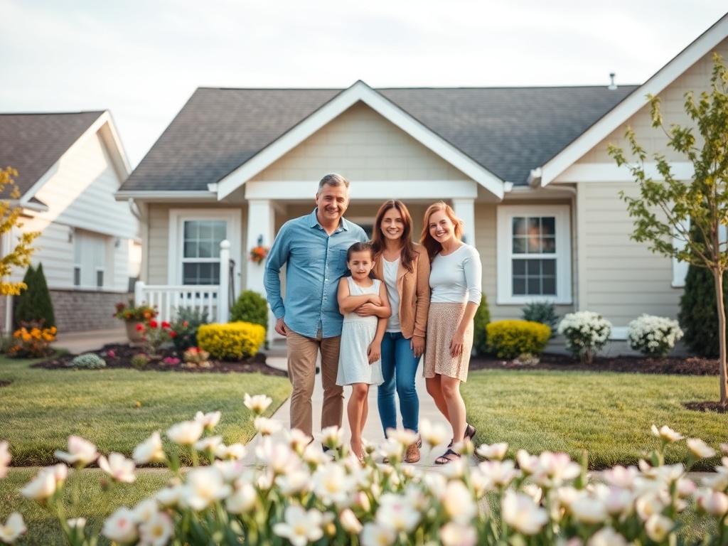 Счастливая семья из четырех человек на фоне дома и цветов в саду.