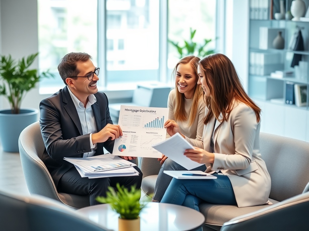 На встрече трое человек обсуждают данные и результаты, рассматривая графики и документы в офисе.