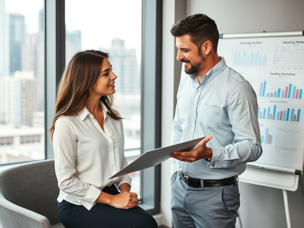 Два человека в офисе обсуждают документы на фоне городского пейзажа и графиков на стенде.