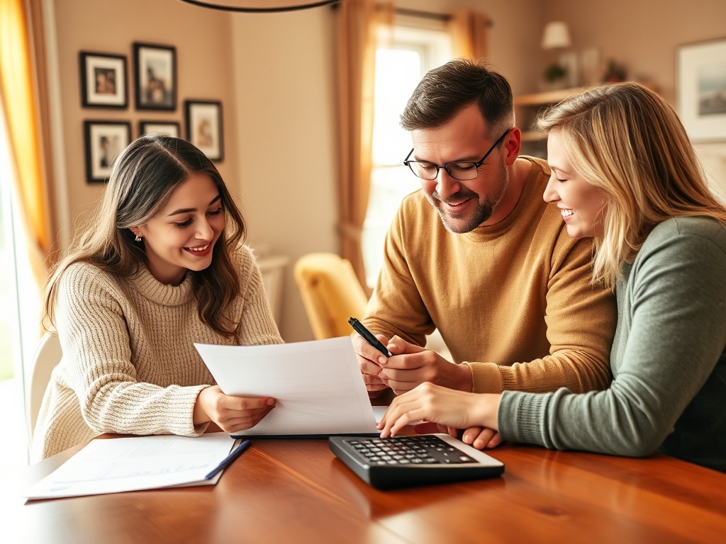 Трое людей за столом просматривают документы и работают с калькулятором. Улыбаются и обсуждают.
