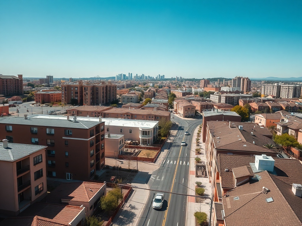 Городской пейзаж с высоты: многоквартирные дома и улицы, вдали виднеются небоскрёбы. Чистое голубое небо.