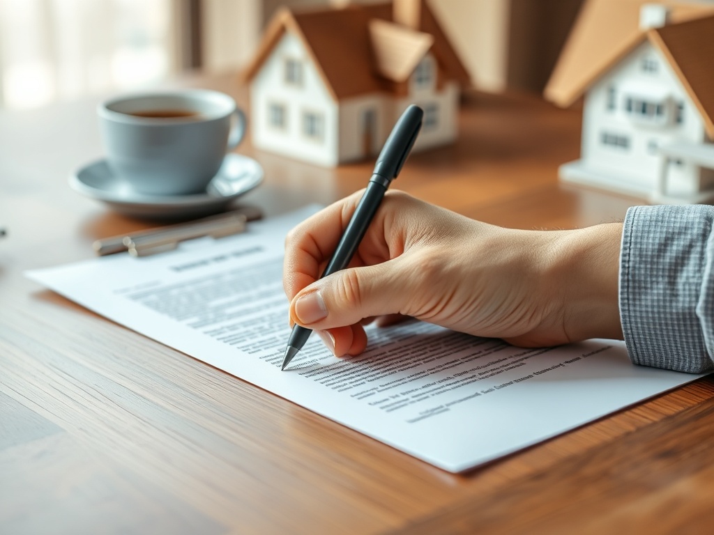Человек подписывает документы на столе с чашкой кофе и миниатюрными домиками на фоне.