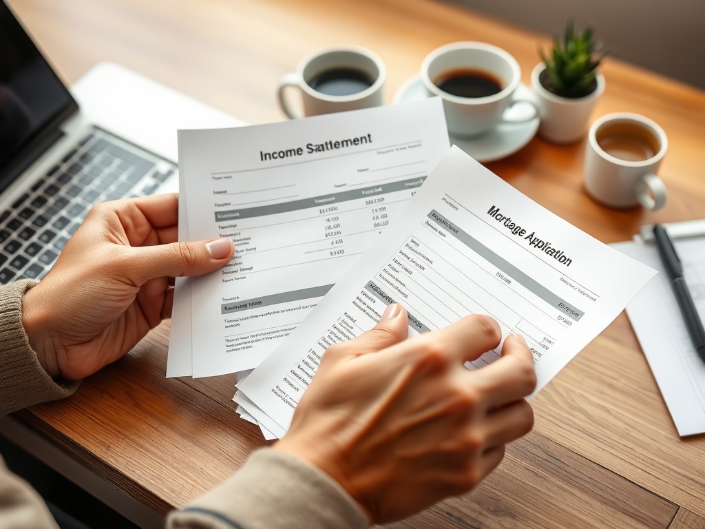 На столе лежат документы: заявление о доходах и анкета на ипотеку, рядом кофе и ноутбук.