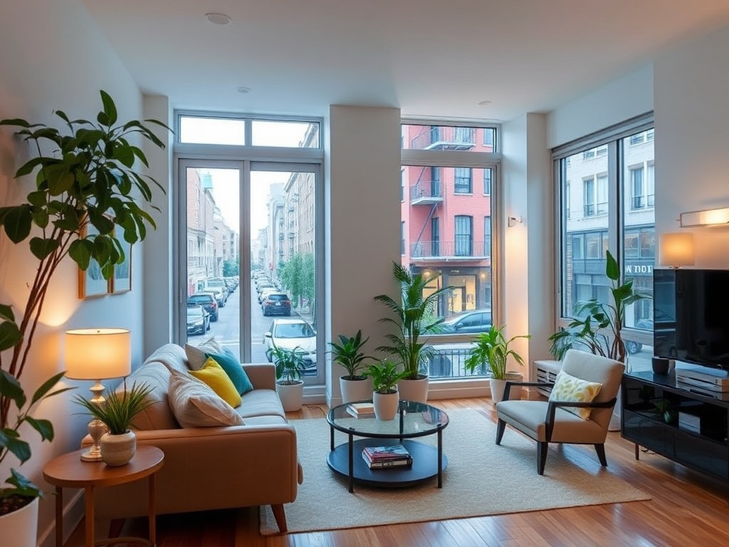Современная уютная гостиная с окнами и растениями, вид на улицу с автомобилями и зданиями.