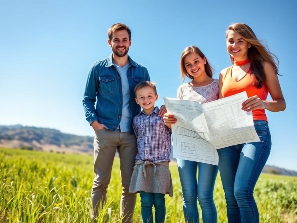 Счастливая семья на природе держит план здания, наслаждаясь солнечным днем и открытым пространством.