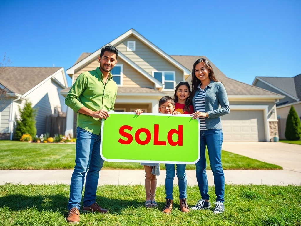 Семья стоит на фоне дома с табличкой "Продано". Счастливые лица и солнечная погода создают радостную обстановку.