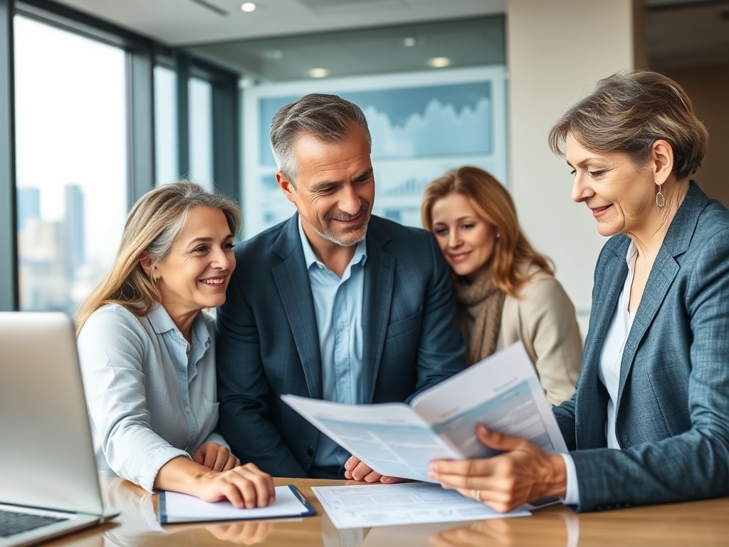 Четыре человека обсуждают документы за столом в офисе с большим окном и видом на город.