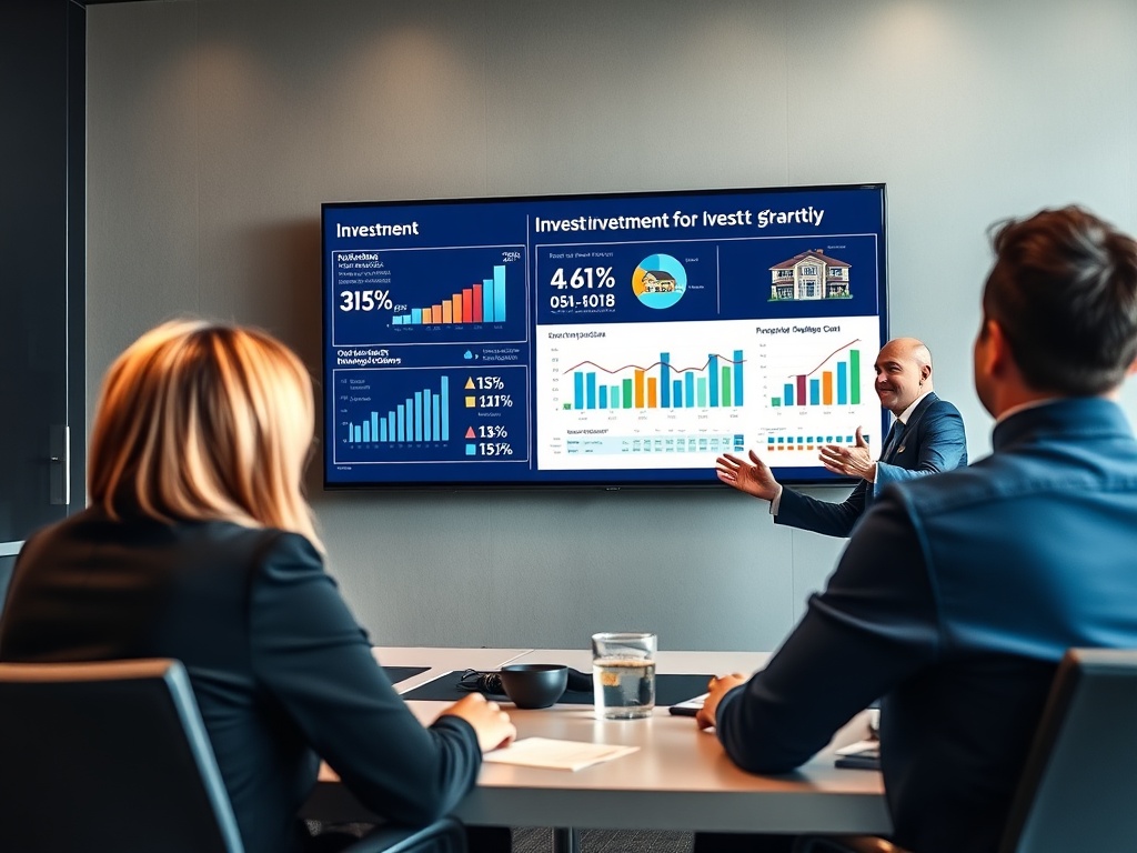 Совещание, на котором обсуждаются инвестиции, с графиками на экране и участниками за столом.
