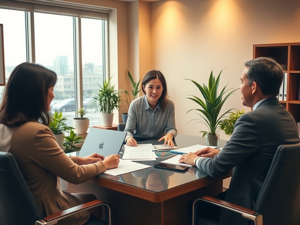 Три человека обсуждают документы за столом в офисе, в окружении зелёных растений и современного оборудования.